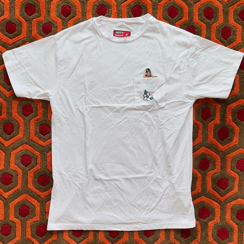 MAKE OFFER! Party Sharks White Graphic Tee with Pocket Men's Medium Hula Girl